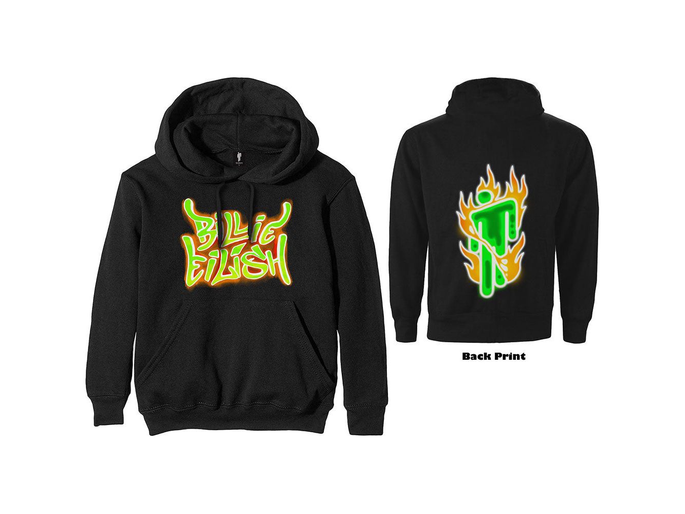Billie Eilish Unisex Pullover Hoodie featuring the 'Airbrush Flames Blohsh'