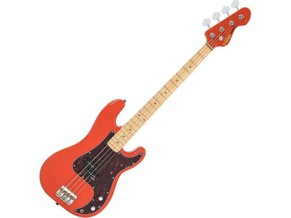 Vintage V4 ReIssued Maple Fingerboard Bass Guitar ~ Firenza Red