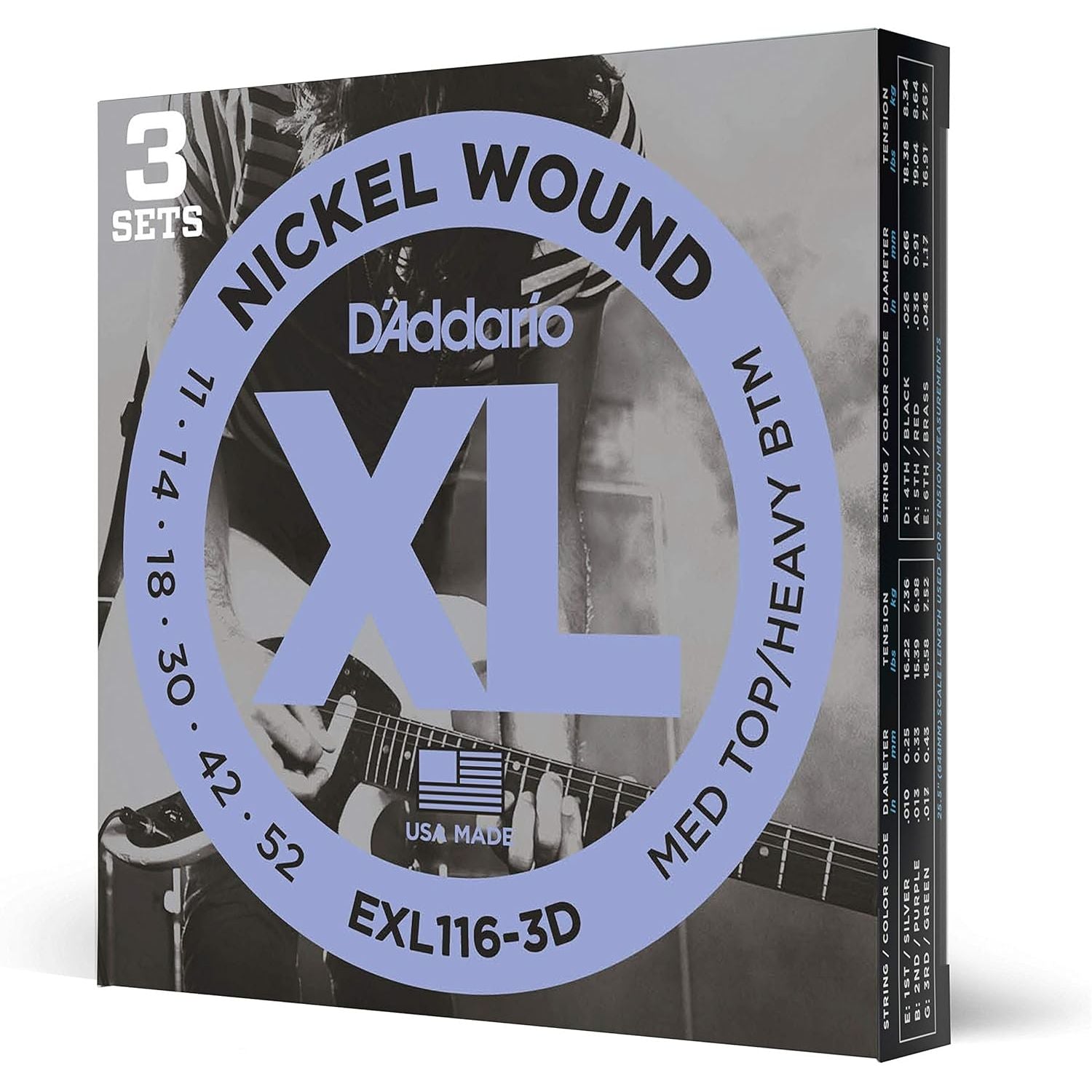 D'Addario EXL116 11-52 Medium Top/Heavy Bottom Electric Guitar Strings 3 Pack