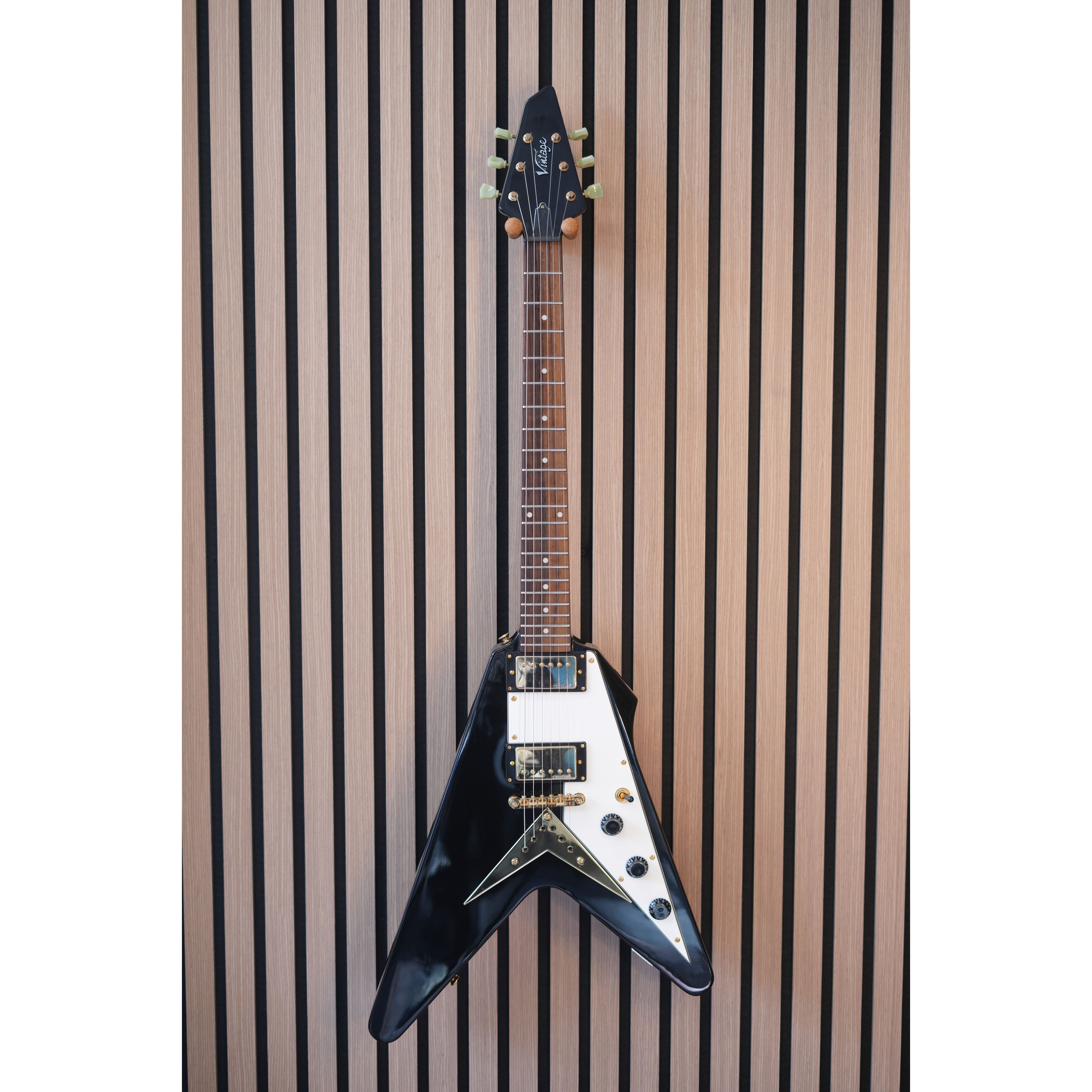 Vintage V60 "Flying V" Electric Guitar in Gloss Black with Gigbag Pre-Owned