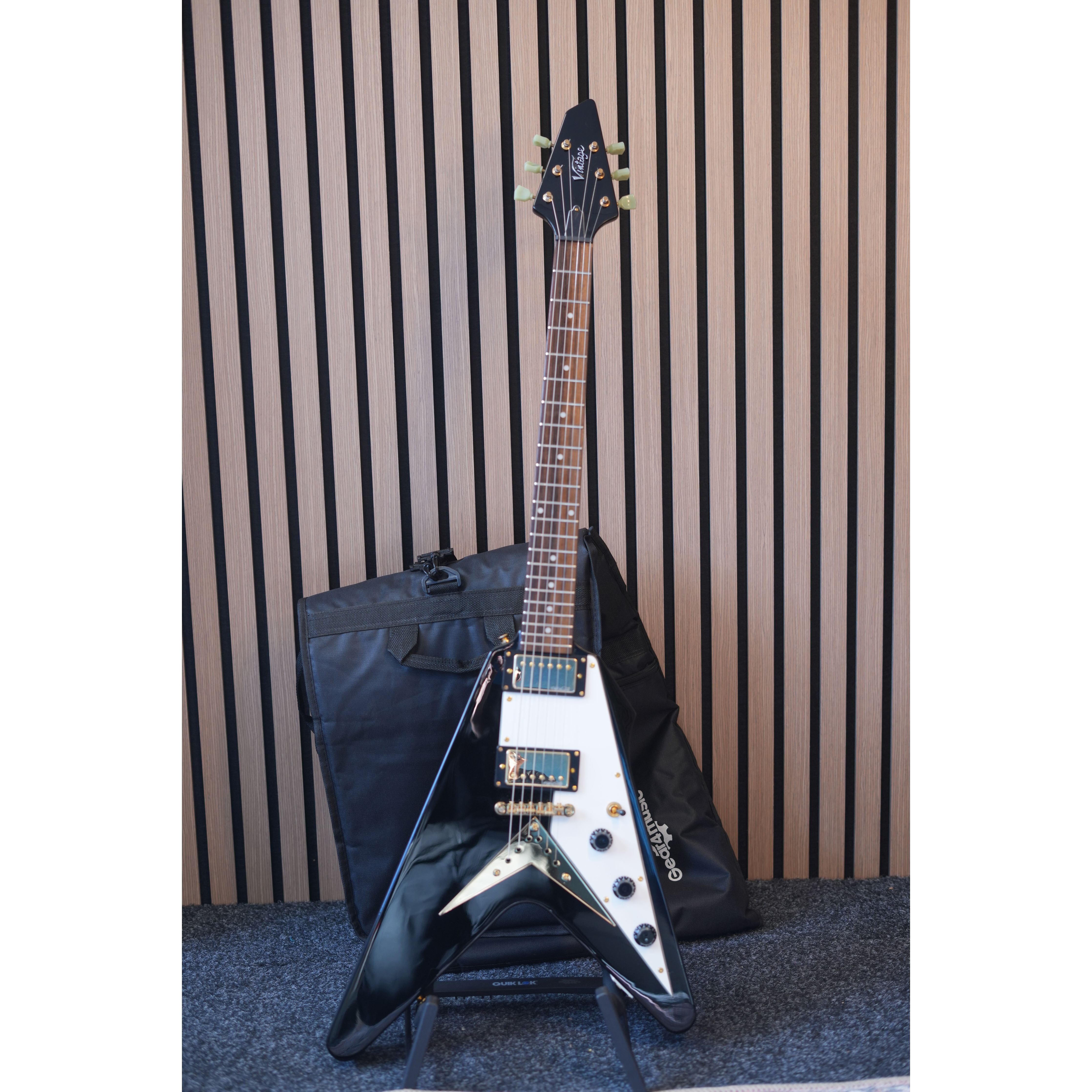 Vintage V60 "Flying V" Electric Guitar in Gloss Black with Gigbag Pre-Owned