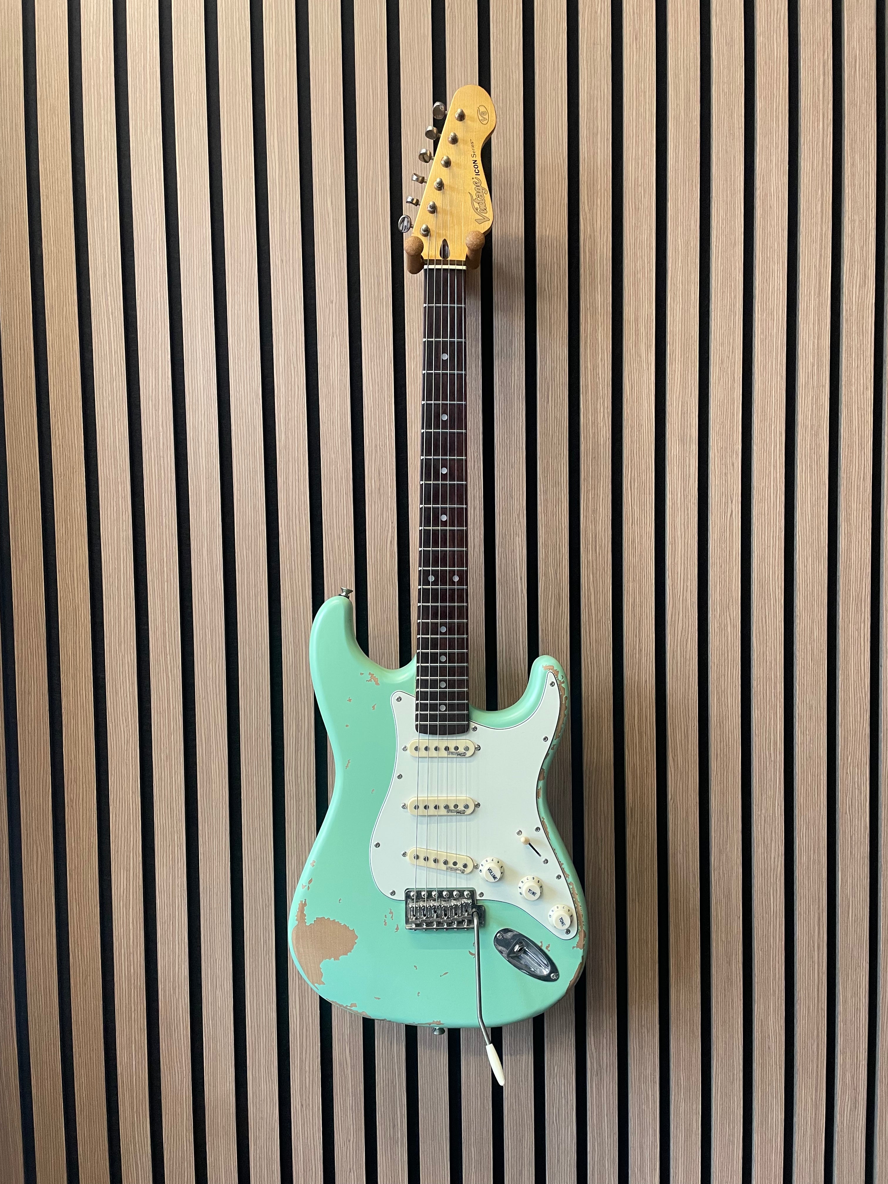 Vintage Icon V6 S-Style Electric Guitar in Distressed Ventura Green Pre-Owned