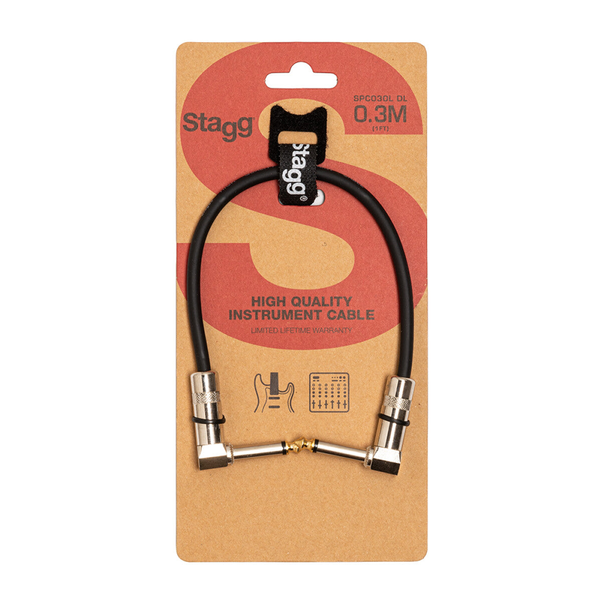Stagg Mono Patch Cable, Jack/Jack (m/m, L-shaped), 30 cm (12"), Metal