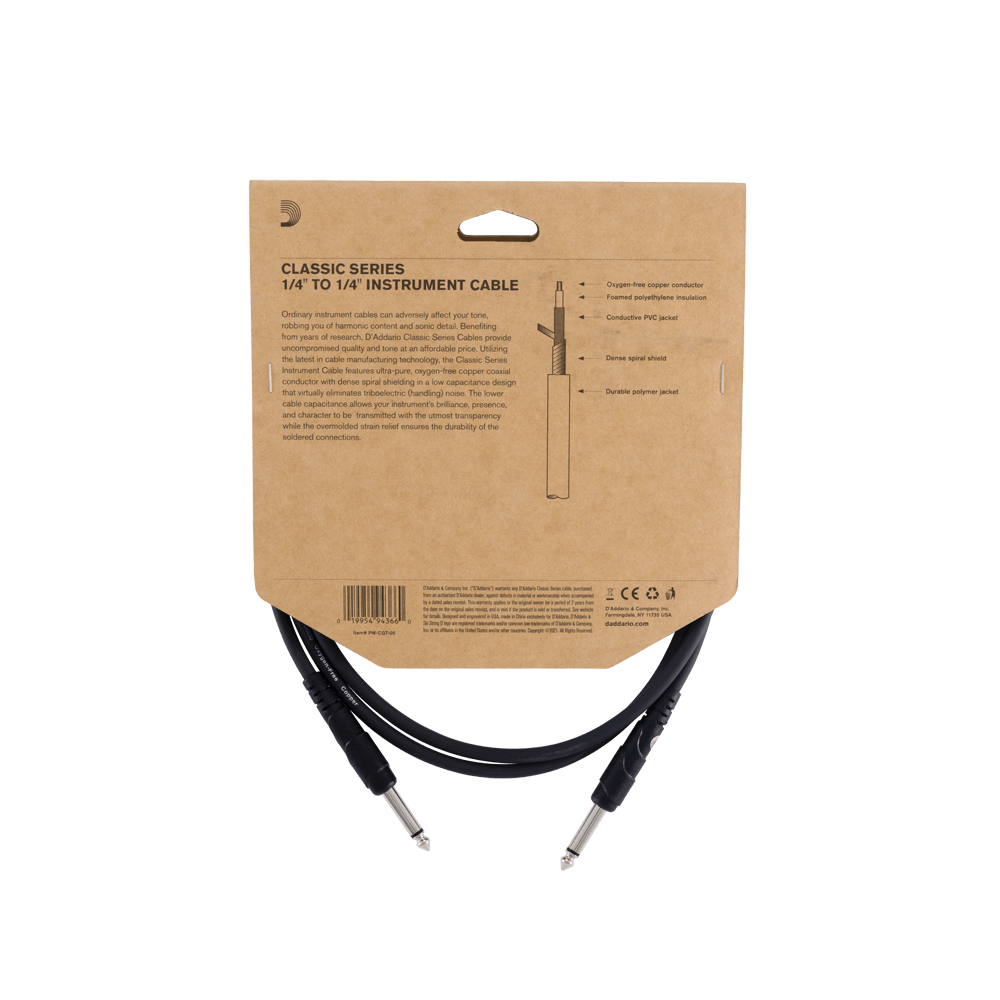 D'Addario Classic Series Instrument Cable, 5 feet, Straight to Straight