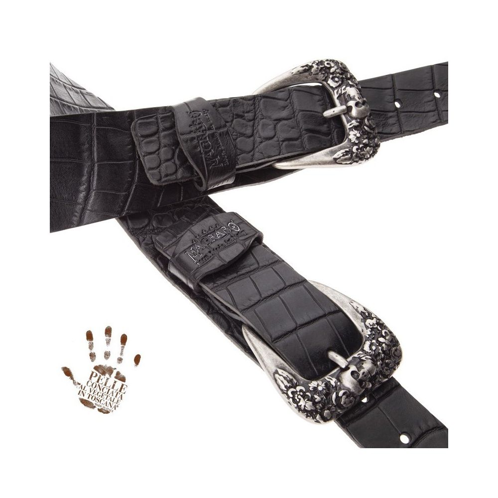Magrabo Twin Buckle Tc Embossed Cocco Pros Black 7 Cm Skull & Roses Silver Buckle Premium Guitar Strap