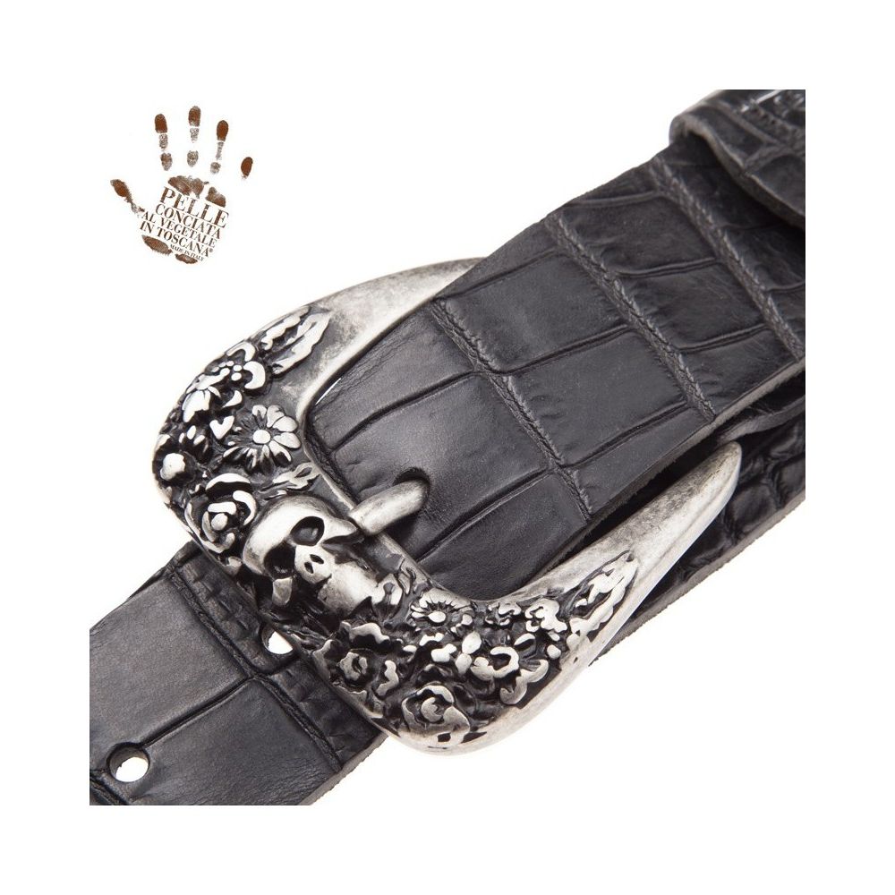 Magrabo Twin Buckle Tc Embossed Cocco Pros Black 7 Cm Skull & Roses Silver Buckle Premium Guitar Strap