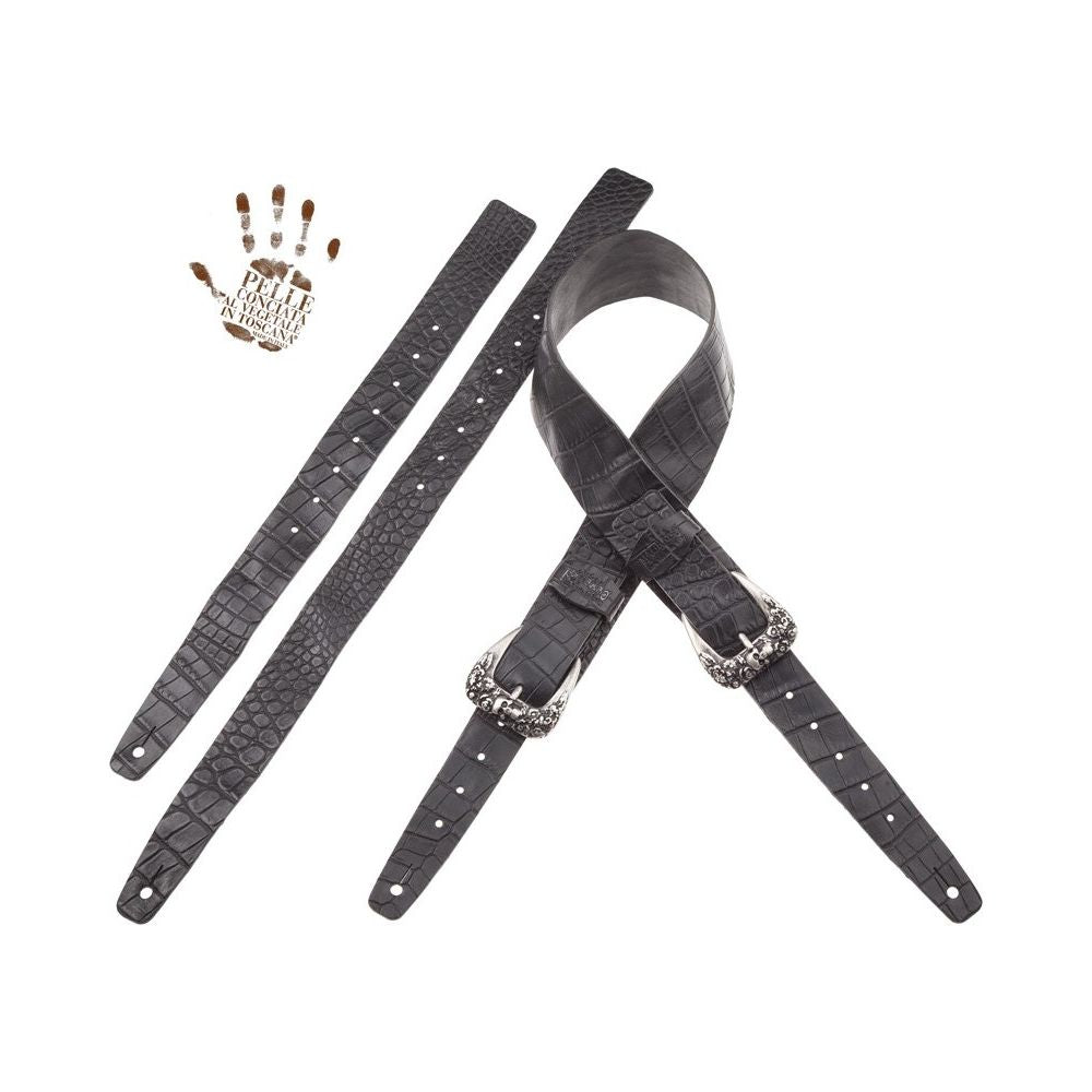 Magrabo Twin Buckle Tc Embossed Cocco Pros Black 7 Cm Skull & Roses Silver Buckle Premium Guitar Strap