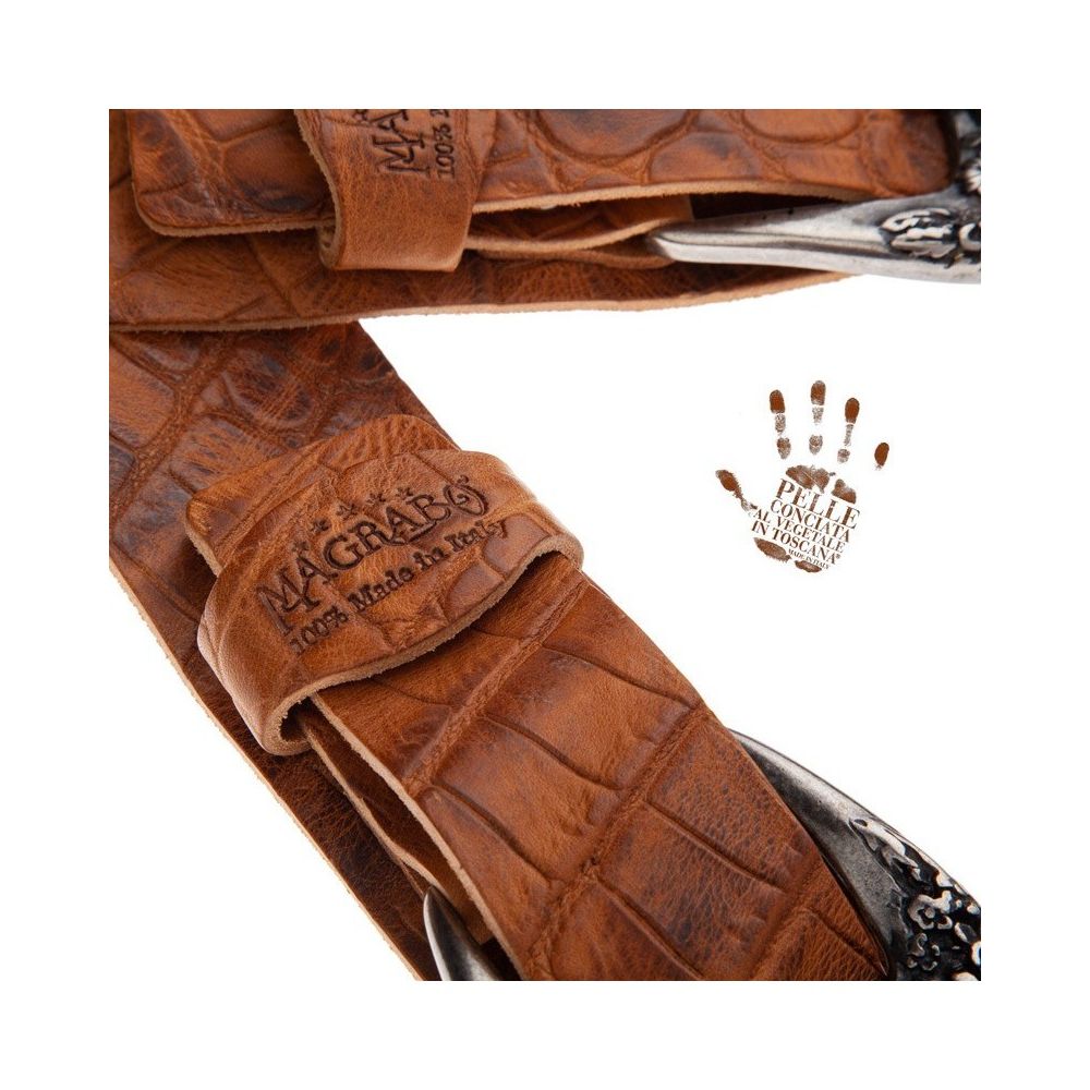 Magrabo Twin Buckle Tc Embossed Cocco Pros Brown 7 Cm Skull & Roses Silver Buckle Premium Guitar Strap