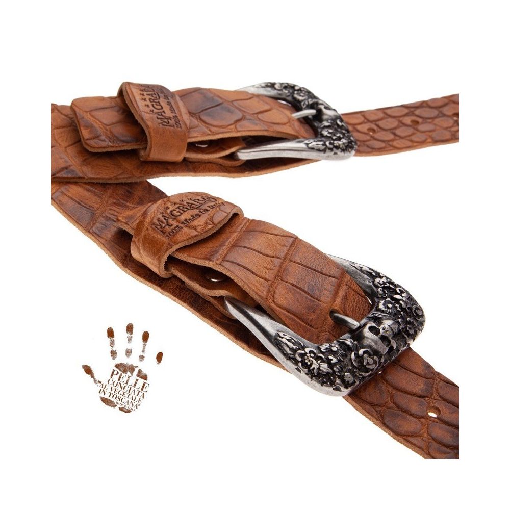 Magrabo Twin Buckle Tc Embossed Cocco Pros Brown 7 Cm Skull & Roses Silver Buckle Premium Guitar Strap