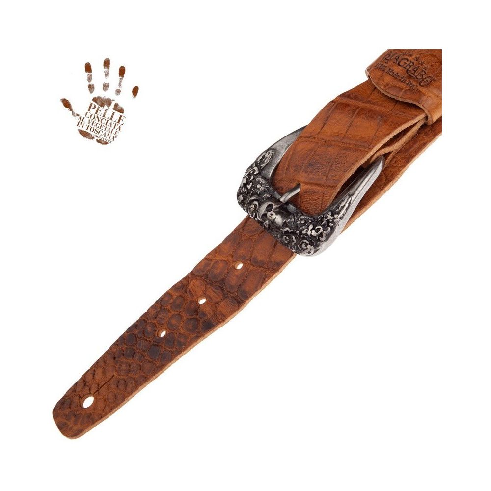 Magrabo Twin Buckle Tc Embossed Cocco Pros Brown 7 Cm Skull & Roses Silver Buckle Premium Guitar Strap