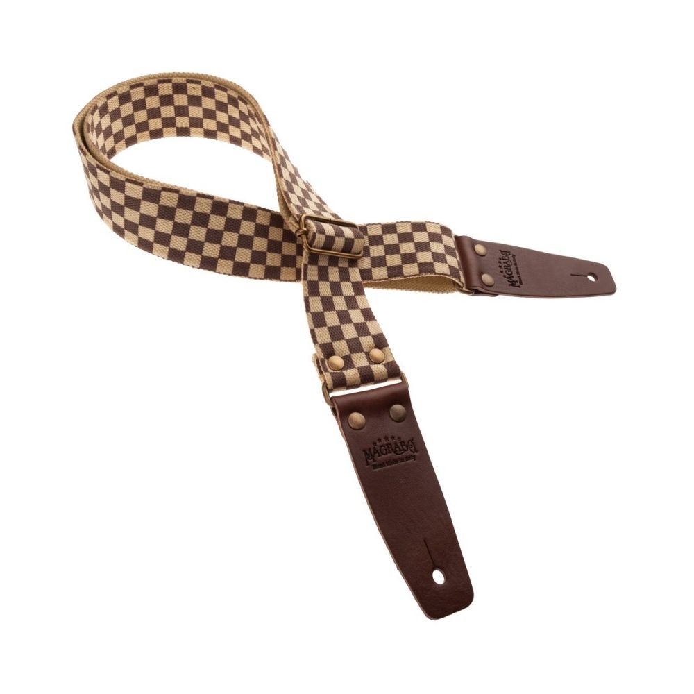 Magrabo Stripe Sc Retrò Chess 5 Cm Terminals Brown, Aged Brass Buckle Premium Guitar Strap