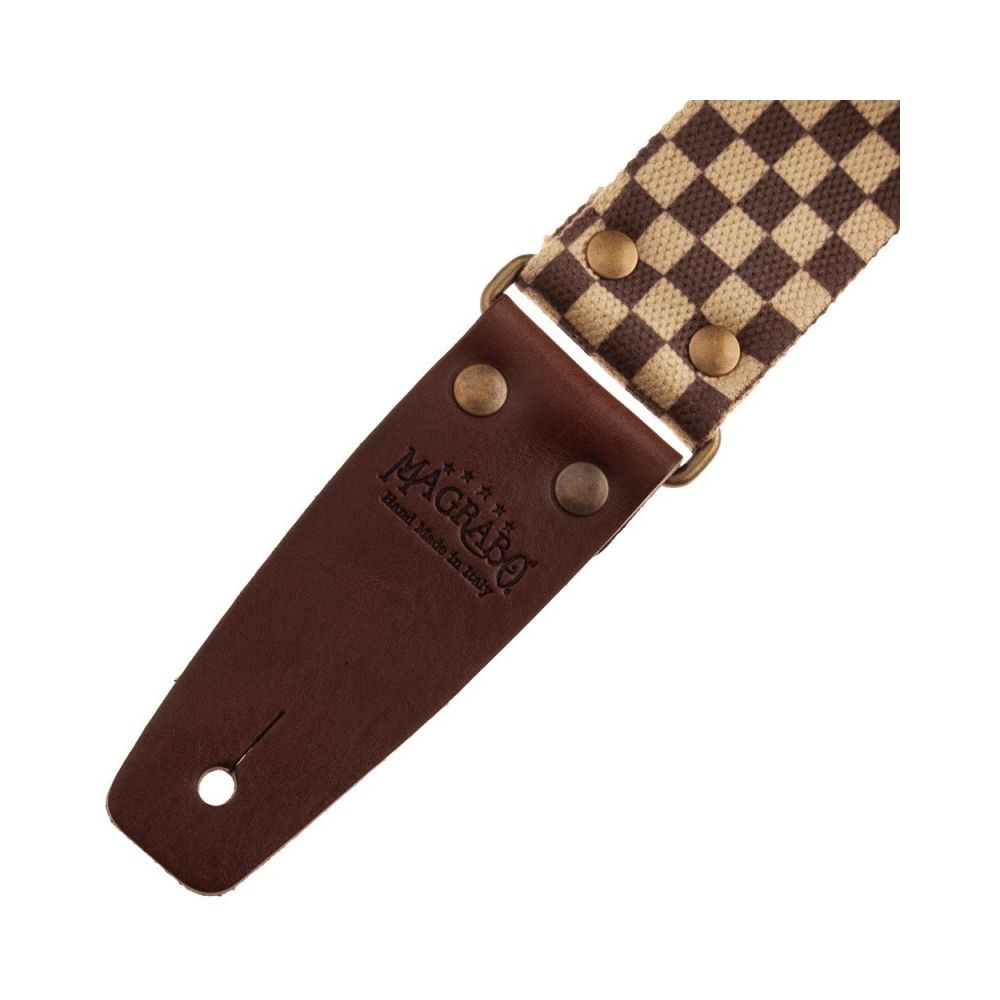 Magrabo Stripe Sc Retrò Chess 5 Cm Terminals Brown, Aged Brass Buckle Premium Guitar Strap