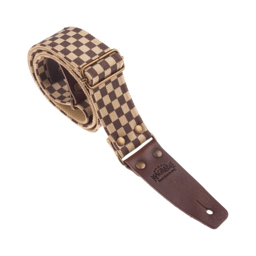 Magrabo Stripe Sc Retrò Chess 5 Cm Terminals Brown, Aged Brass Buckle Premium Guitar Strap