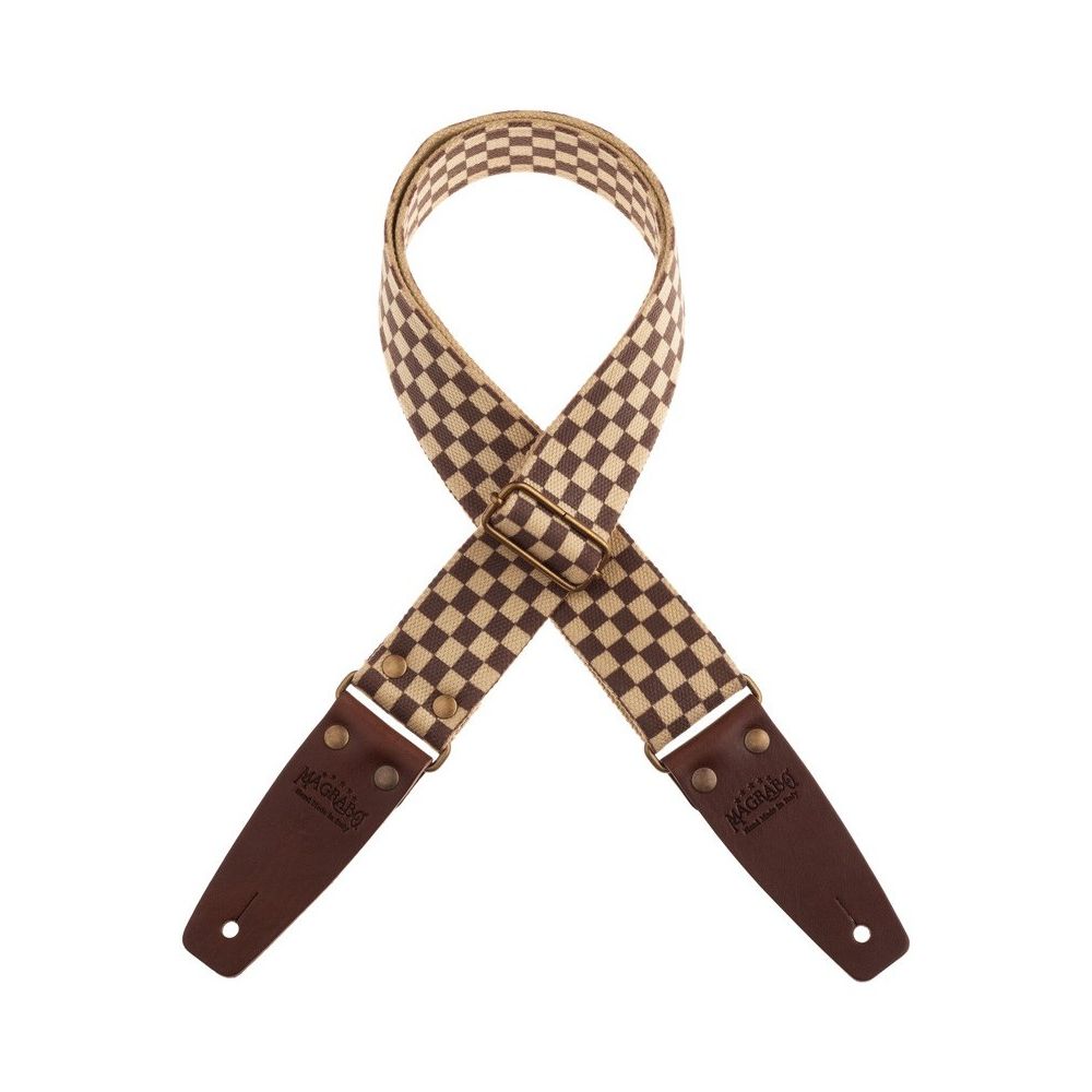Magrabo Stripe Sc Retrò Chess 5 Cm Terminals Brown, Aged Brass Buckle Premium Guitar Strap
