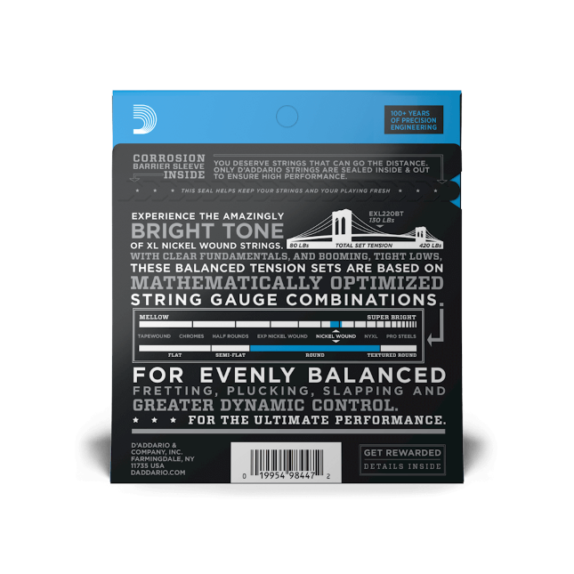 D'Addario EXL220BT Nickel Wound Bass Guitar Strings, Balanced Tension Super Light, 40-95, Long Scale
