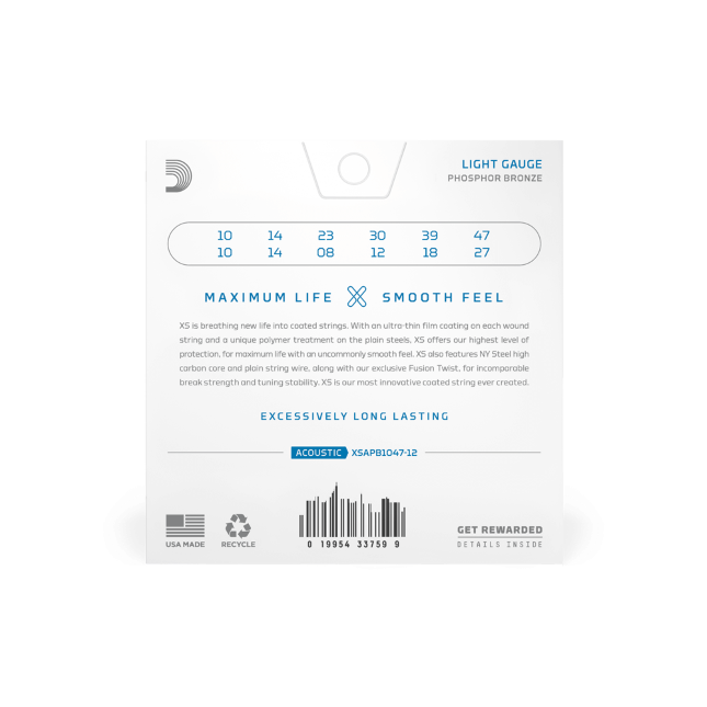 D'Addario 10-47 Light 12-String, XS Phosphor Bronze Coated Acoustic Guitar Strings