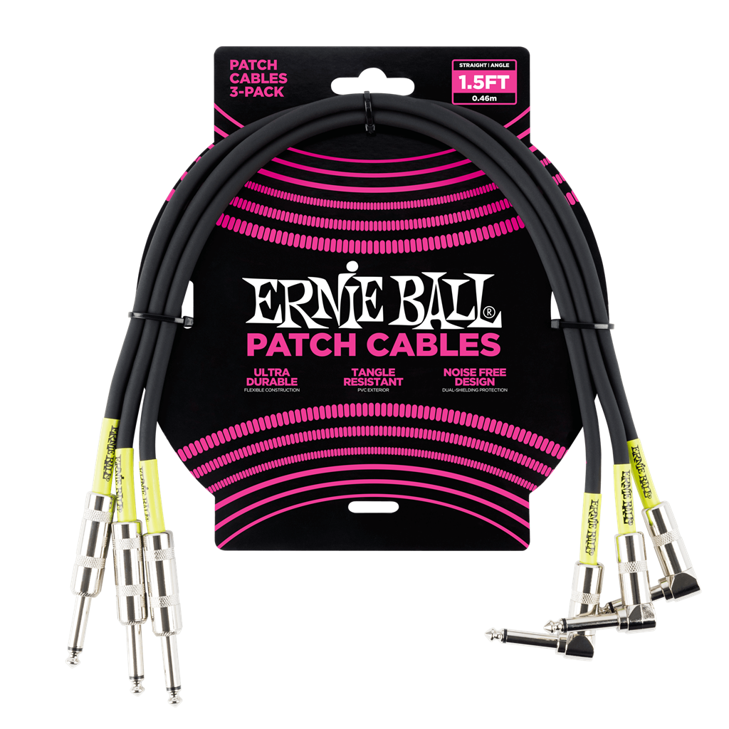 Ernie Ball 1.5ft Straight / Angled 3pk Patch Cables Black