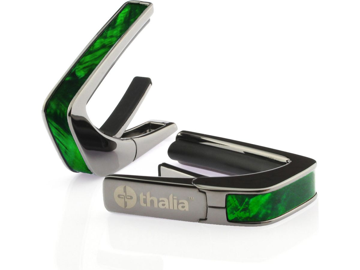 Thalia Exotic Series Shell Collection Capo ~ Black Chrome with Green Angel Wing Inlay
