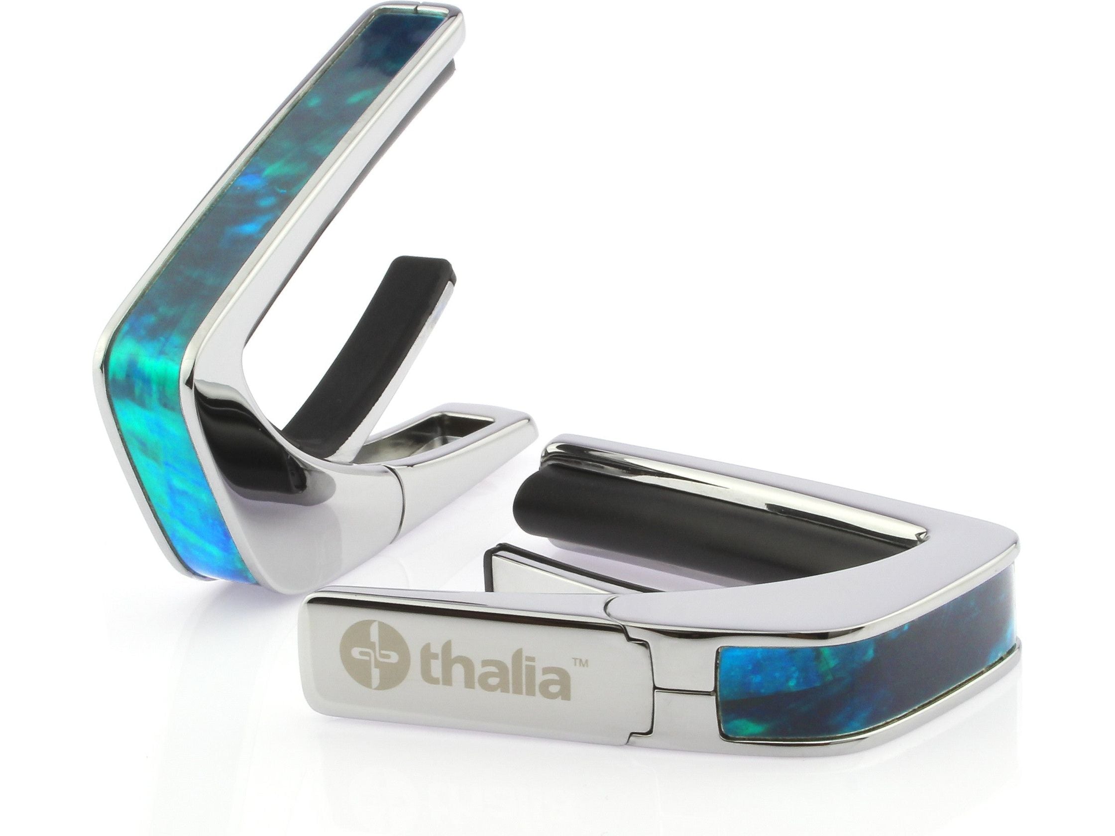 Thalia Exotic Series Shell Collection Capo ~ Chrome with Teal Angel Wing Inlay