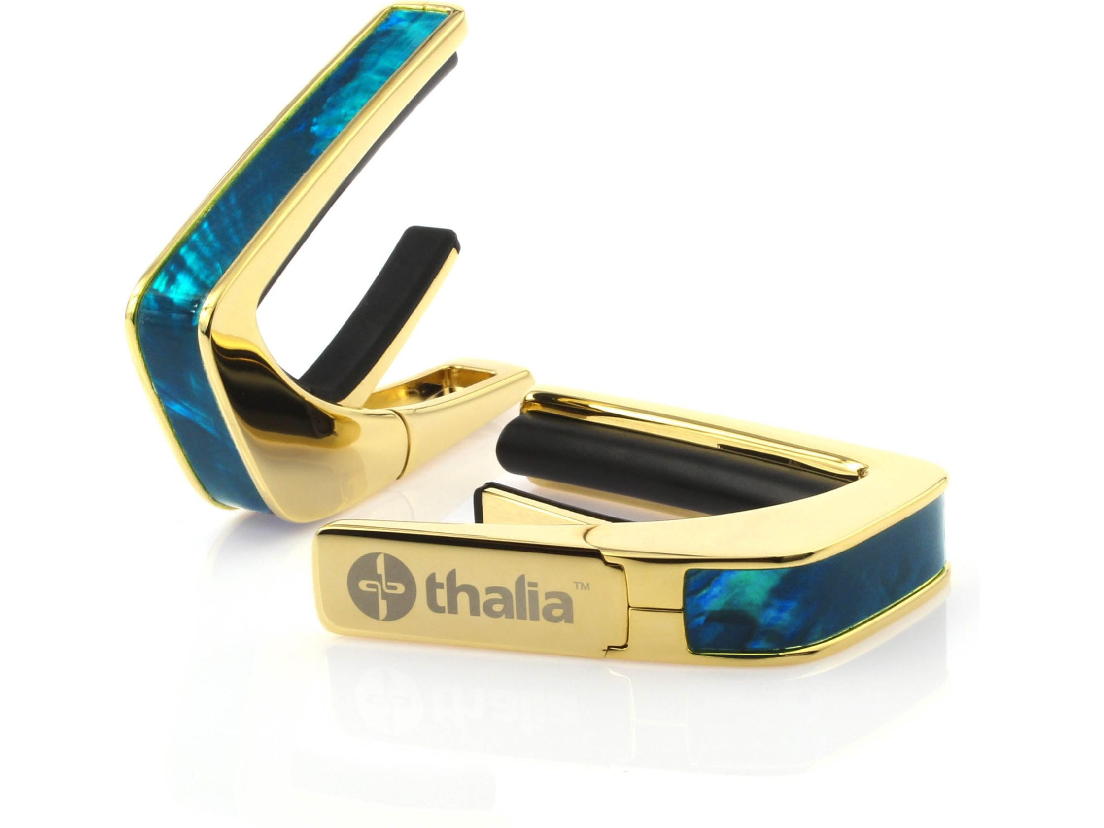 Thalia Exotic Series Shell Collection Capo ~ Gold with Teal Angel Wing Inlay
