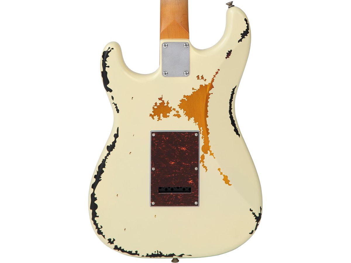 Vintage V6 ICON Electric Guitar ~ Distressed White Over Sunburst