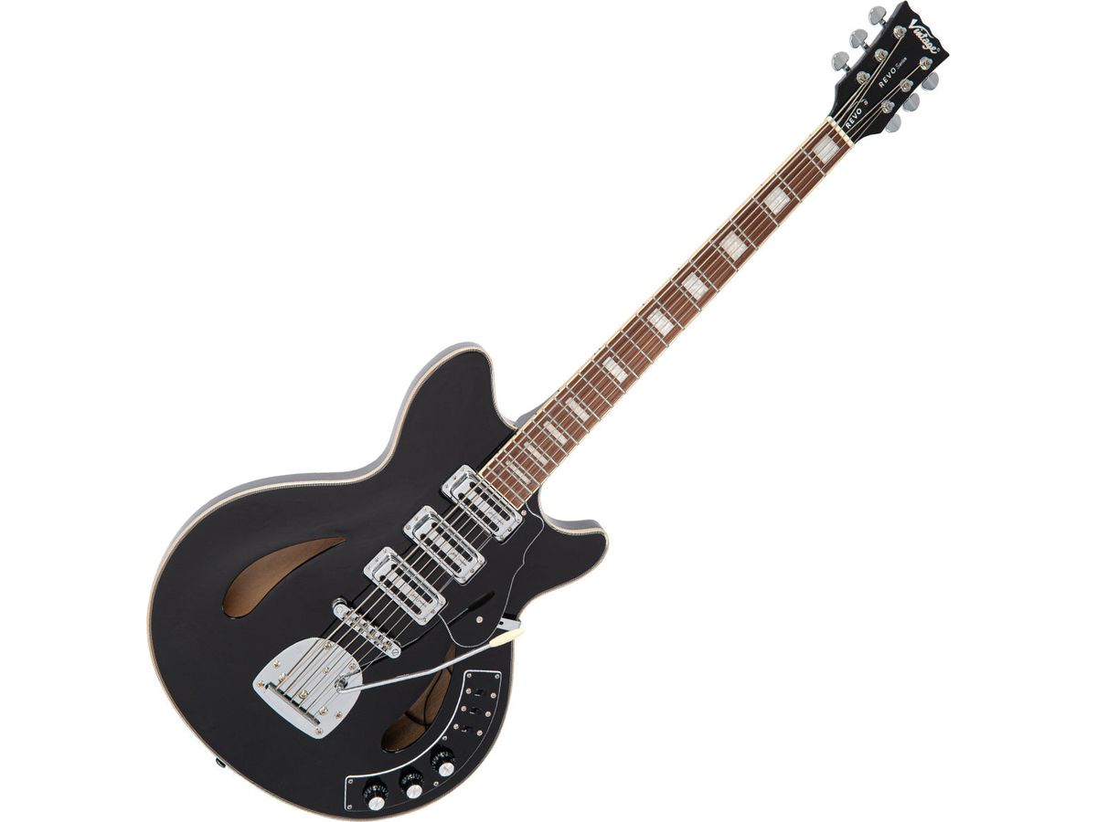 Vintage REVO Series 'Custom Supreme Baritone VI' Semi-Acoustic Guitar ~ Boulevard Black
