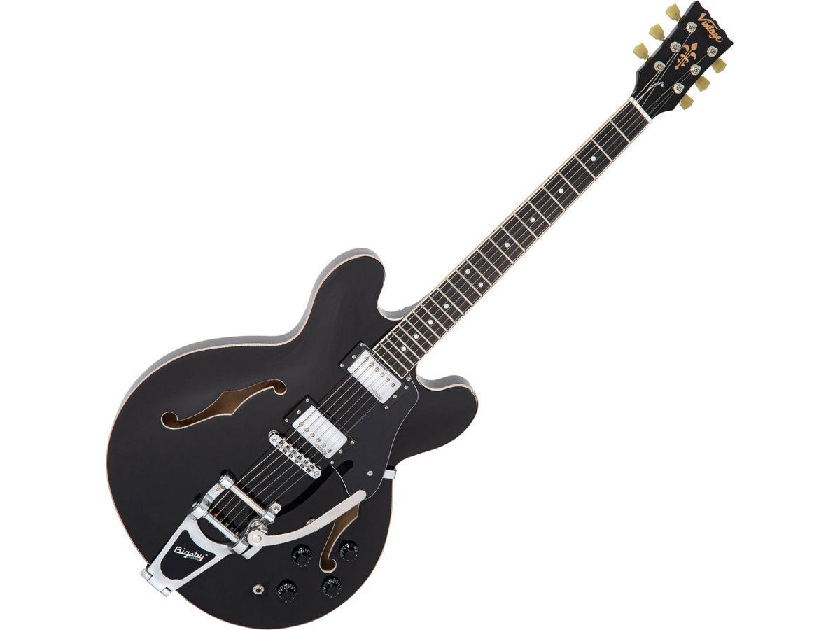 Vintage VSA500B ReIssued Semi Acoustic Guitar w/Bigsby ~ Boulevard Black